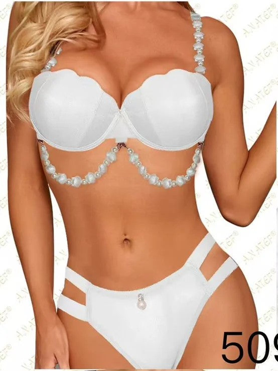 Intimate Pushup Bra Underwear Set with Pearls Detailing white