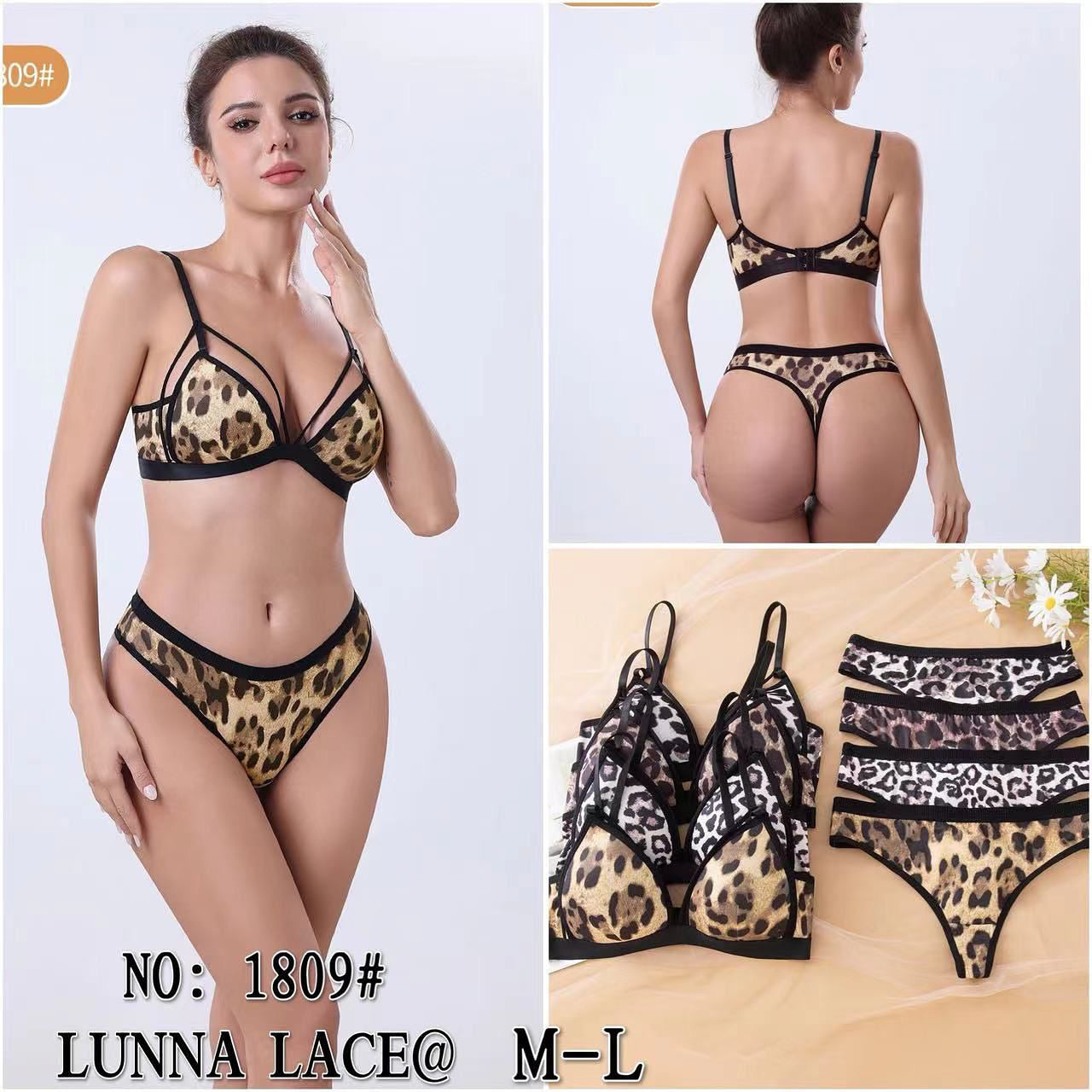 Leopard print lingerie set with model wearing it on a white background