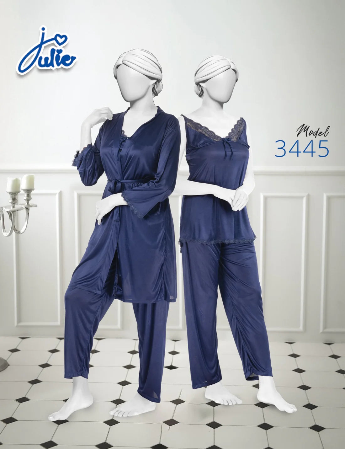 Intimate Soft Silk 3 Pcs Nighty with Shirt Trouser and Gown Lingerie