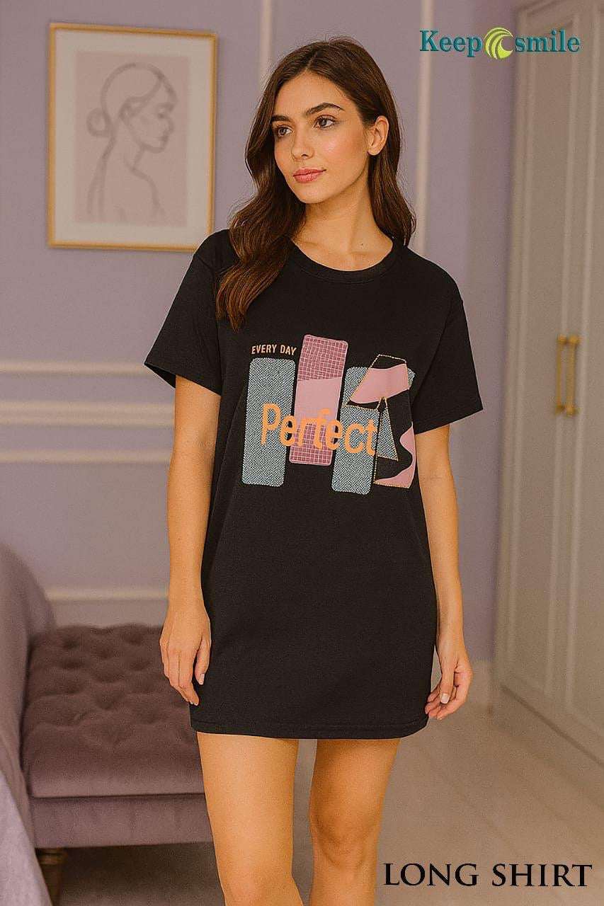 Woman wearing black cotton “Every Day Perfect” sleep shirt with pastel abstract graphic – short sleeve nightdress for women, ideal for bedtime and loungewear comfort.