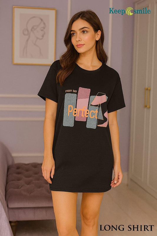 Woman wearing black cotton “Every Day Perfect” sleep shirt with pastel abstract graphic – short sleeve nightdress for women, ideal for bedtime and loungewear comfort.