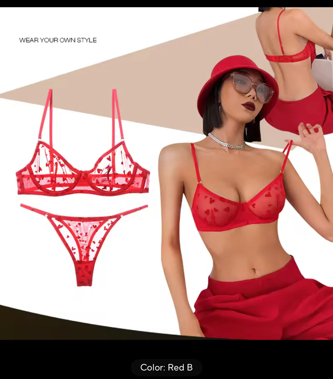 Red lingerie set with a model wearing it, on a white background.