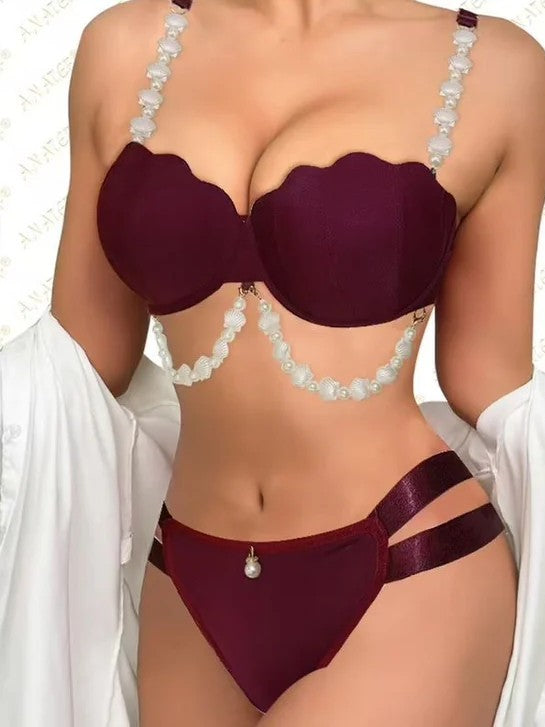 Intimate Pushup Bra Underwear Set with Pearls Detailing plum