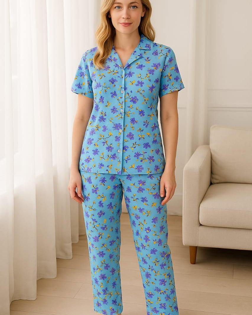 Intimate Cotton Ladies Night Suit with Button Shirt and Trouser blue