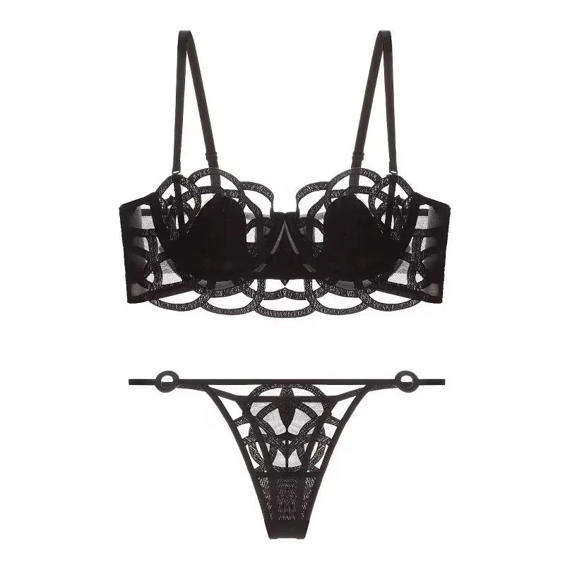Intimate Transparent Floral Lingerie Set – Black Sheer Bra & Strappy Thong