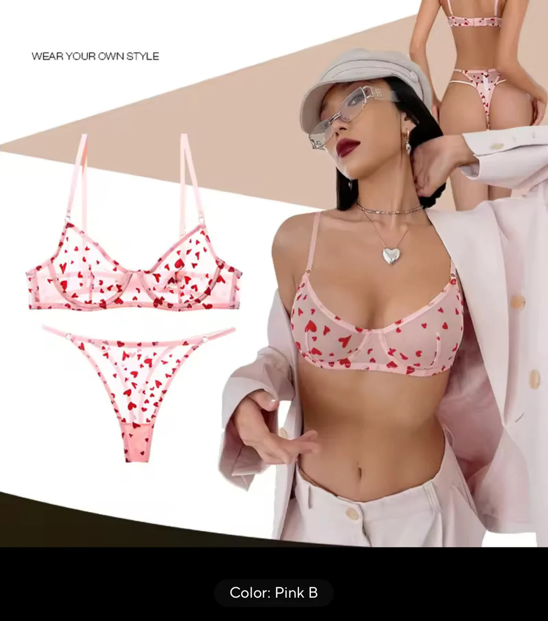 Woman wearing a pink heart-patterned bikini with a white jacket and hat, surrounded by bikini sets.