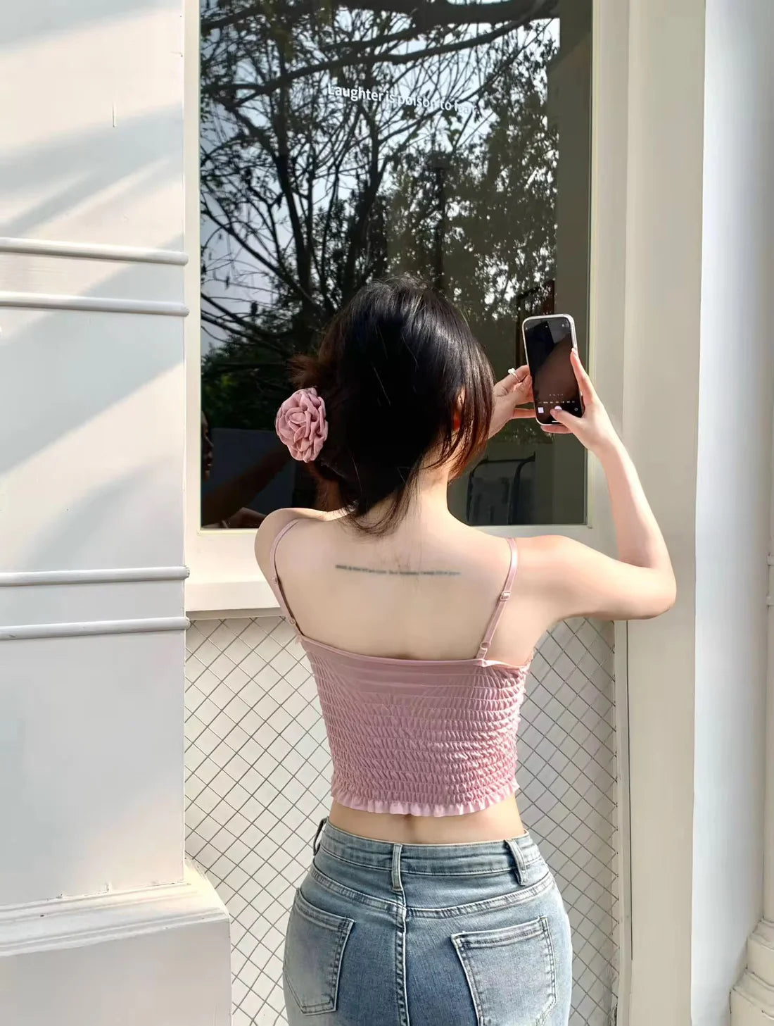 Tank Top Intimate Flower Mesh Crop Top Camisole Bralette pink