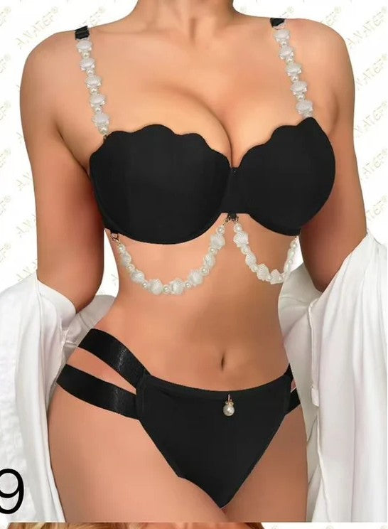 Intimate Pushup Bra Underwear Set with Pearls Detailing black