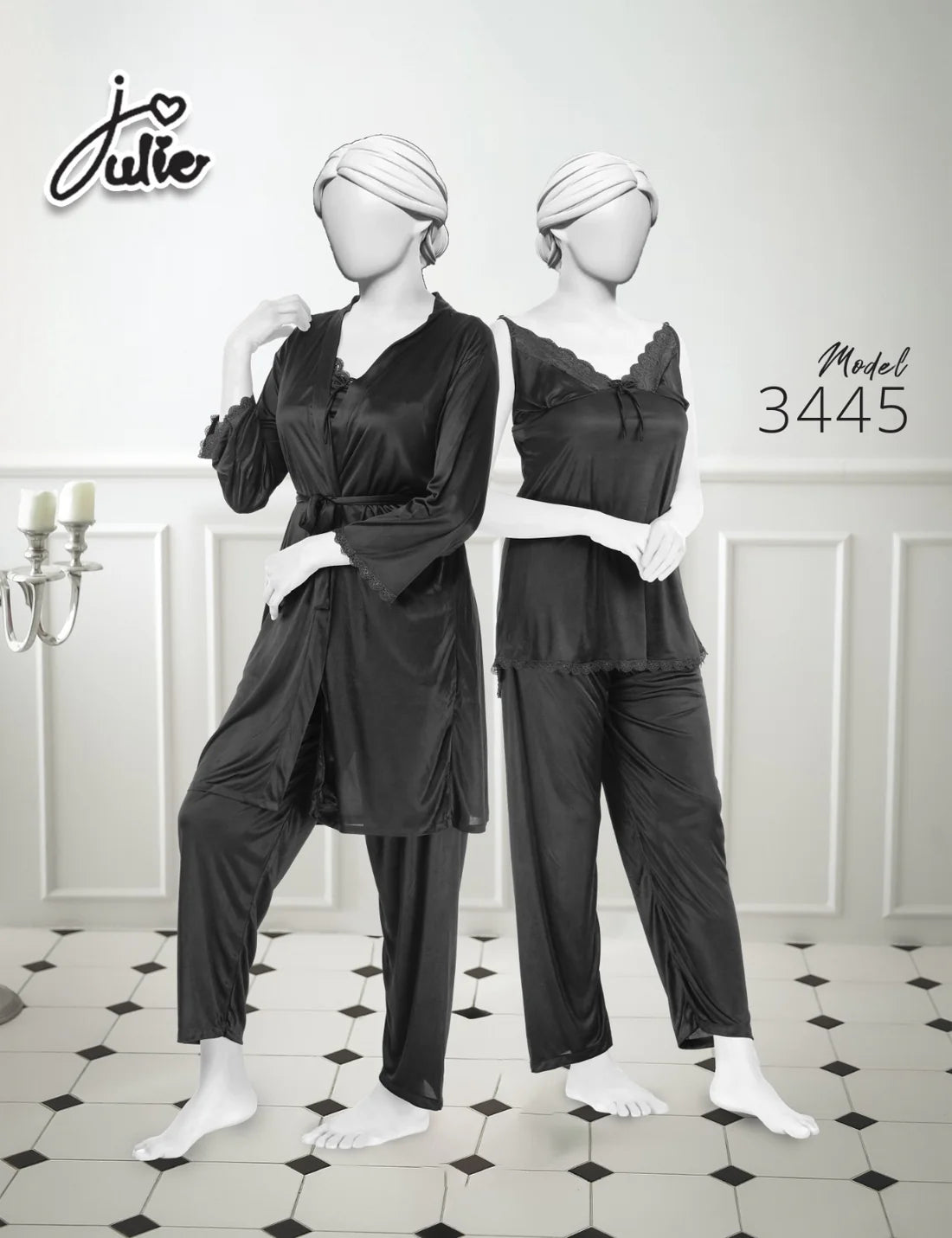 Intimate Soft Silk 3 Pcs Nighty with Shirt Trouser and Gown Lingerie
