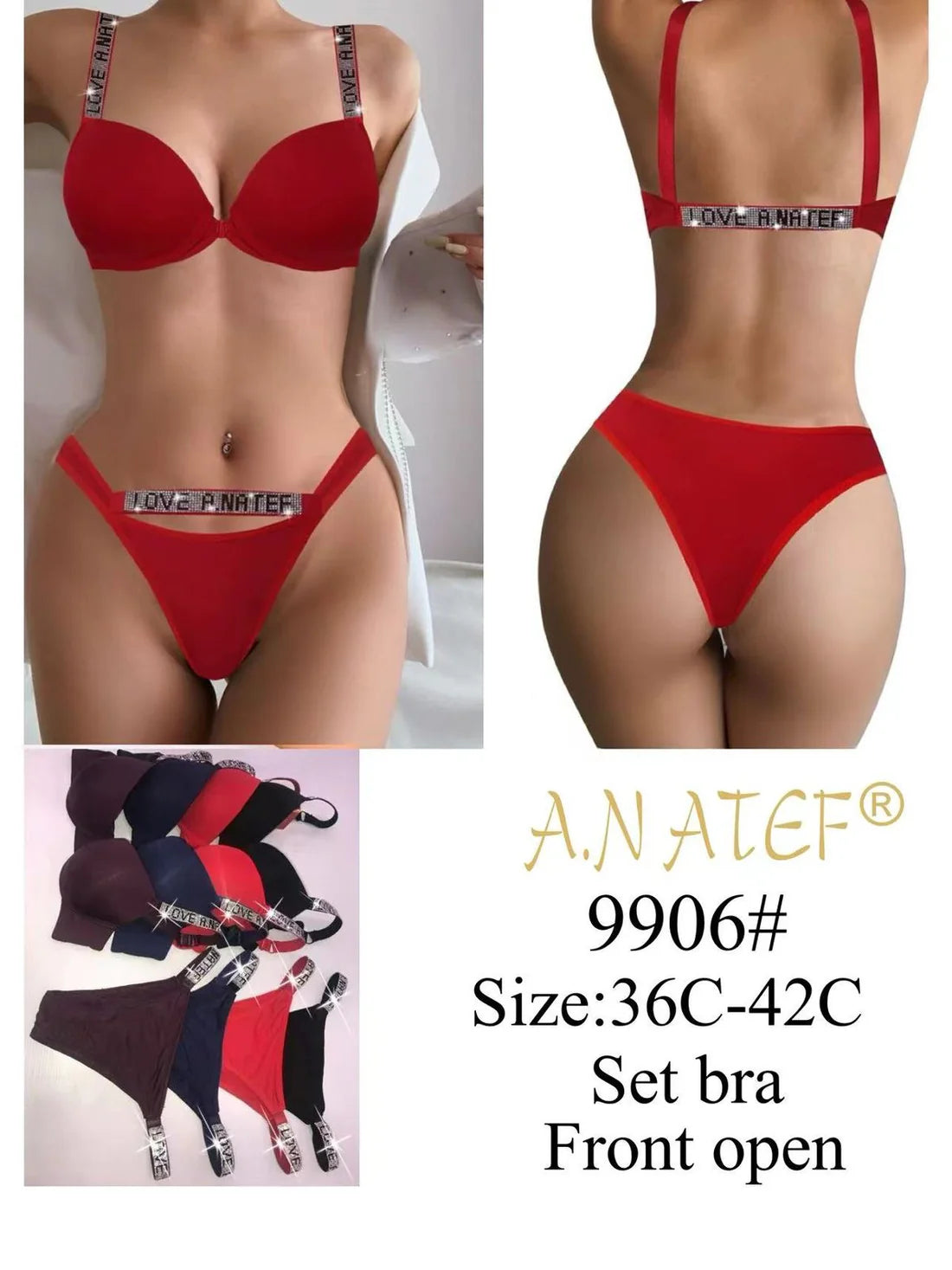 Red bra and panties set with 'ANATEF' branding and product details.