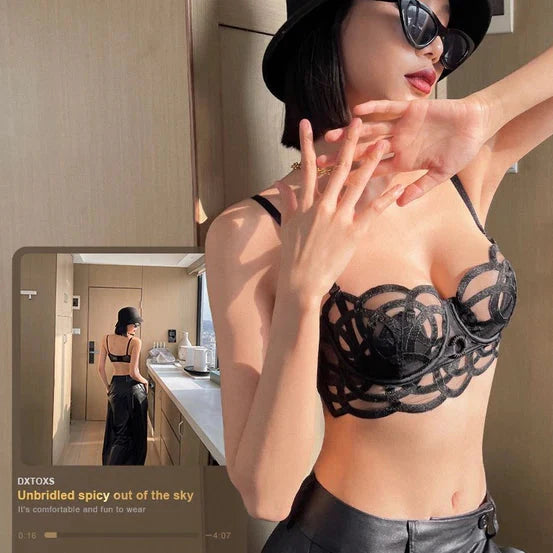 Intimate Transparent Floral Lingerie Set – Black Sheer Bra & Strappy Thong