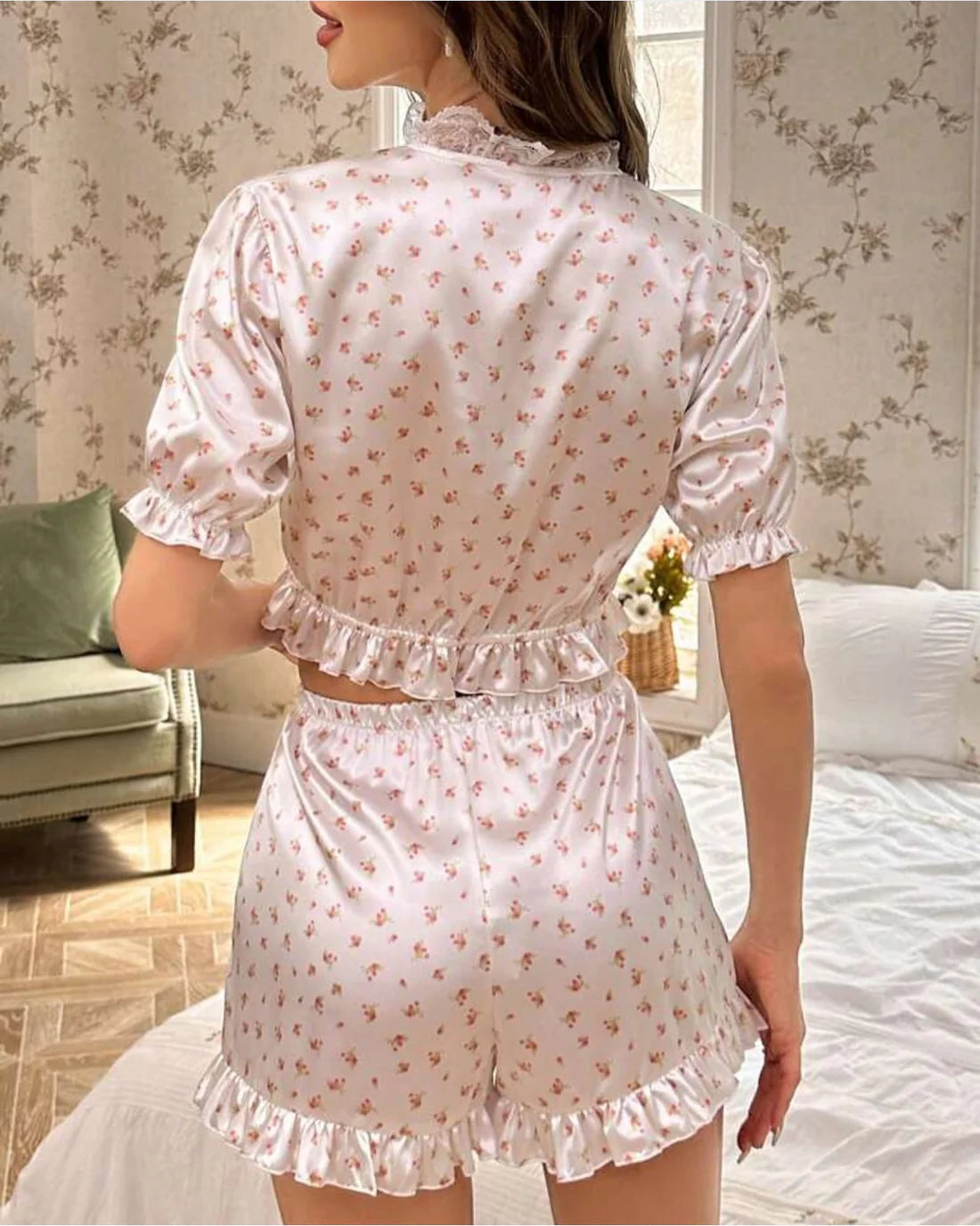 Intimate Fashion Satin Silk Shorts Lingerie Set with Top