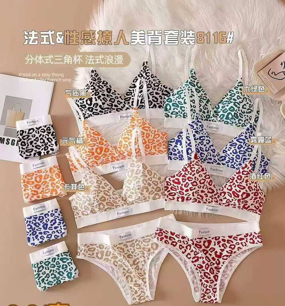 Leopard print lingerie set with various colors on a beige background