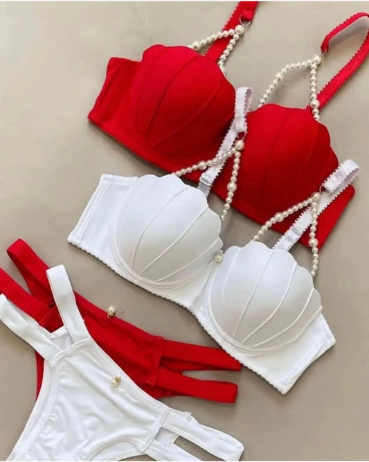 Intimate Pushup Bra Underwear Set with Pearls Detailing