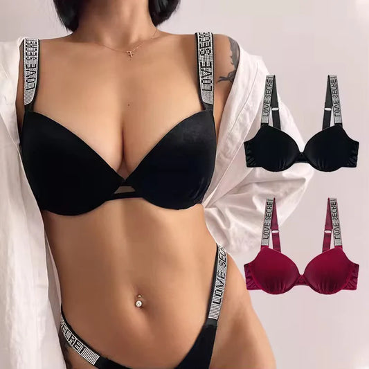 Black bra with 'LOVE SEX' straps worn by a model, with additional images of the bra in red on a white background.