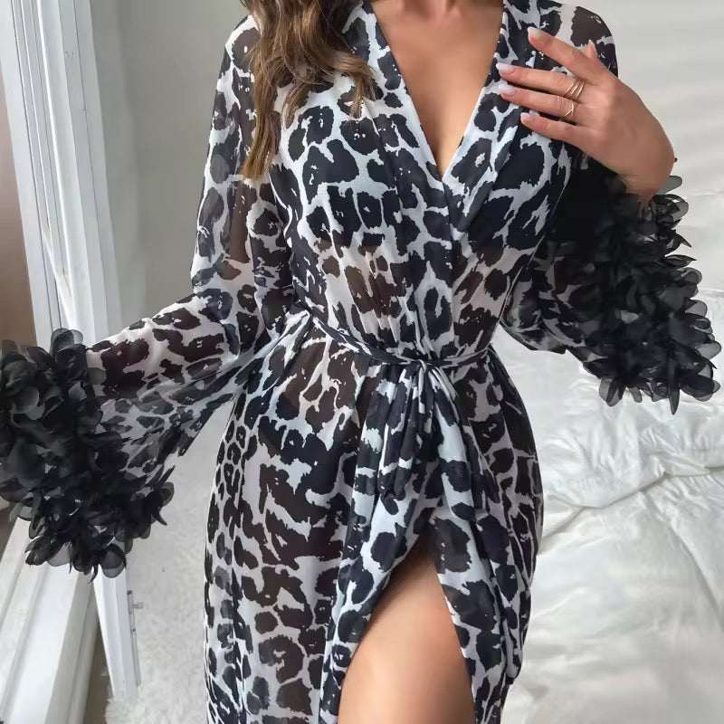Intimate Sheer Leopard Print Lingerie Robe - Long Sleeves & Flounced Cuffs