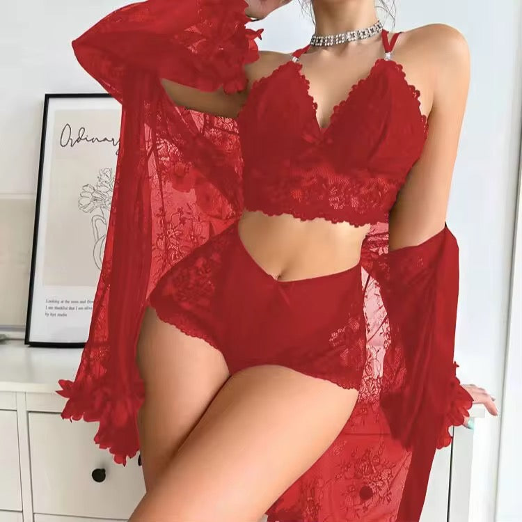 Intimate "Crimson Lace" 3-Piece Set – Bralette, Shorts & Sheer Robe