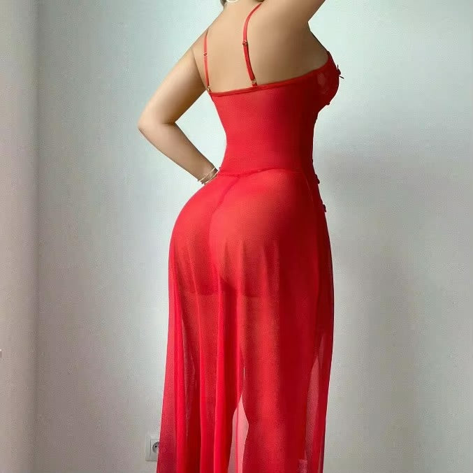 Intimate Floral Lace Long Nighty Set Sheer High Slit Gown