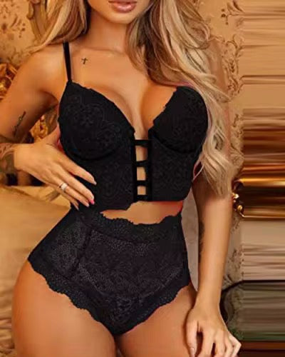 Black lace lingerie set worn by a model against a neutral background