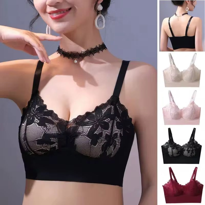 Black lace bra worn by a model with inset images of other bras.