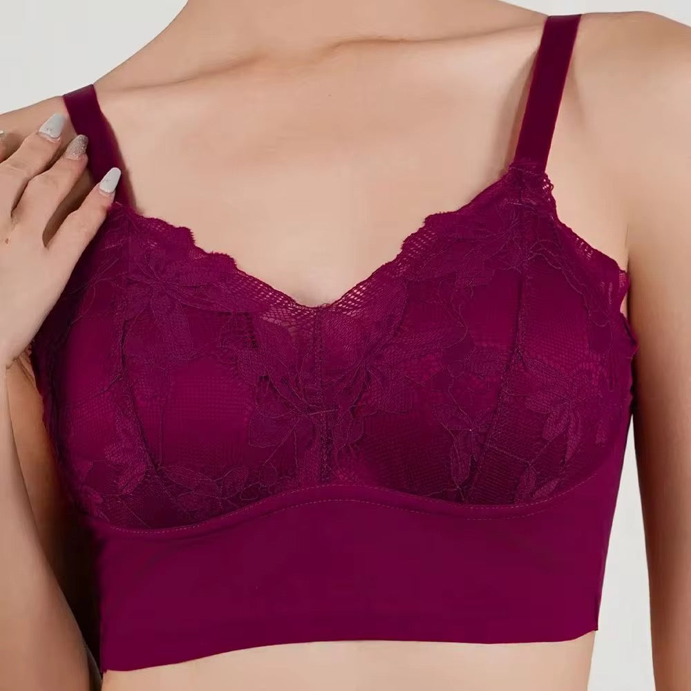 Purple lace bra on a neutral background