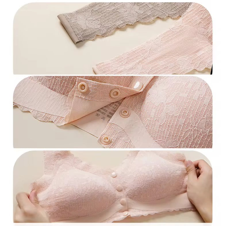Collage of a pink lace bra with buttons on a light background