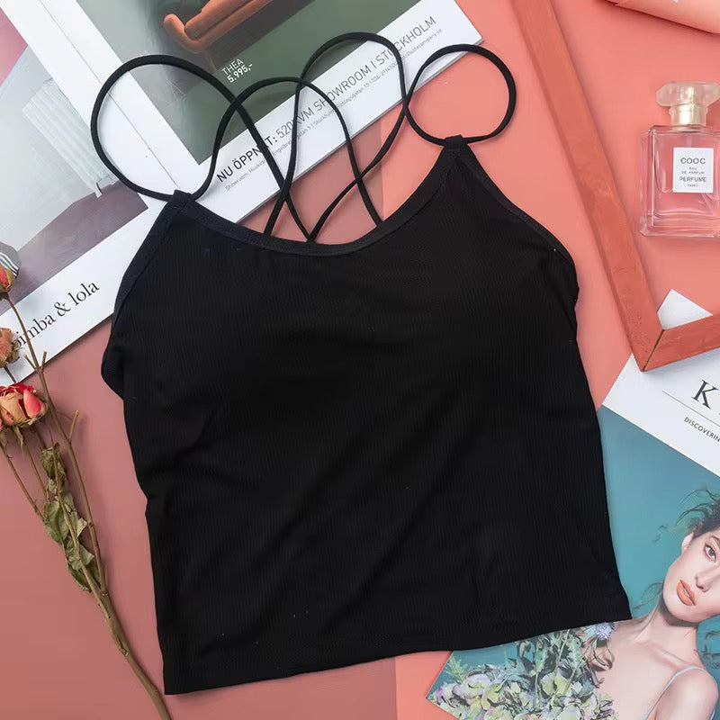 Strappy Back Camisole Crop Top – multi-color padded tank for women. Light, breathable & trendy with built-in cups. Perfect for layering & daily wear.