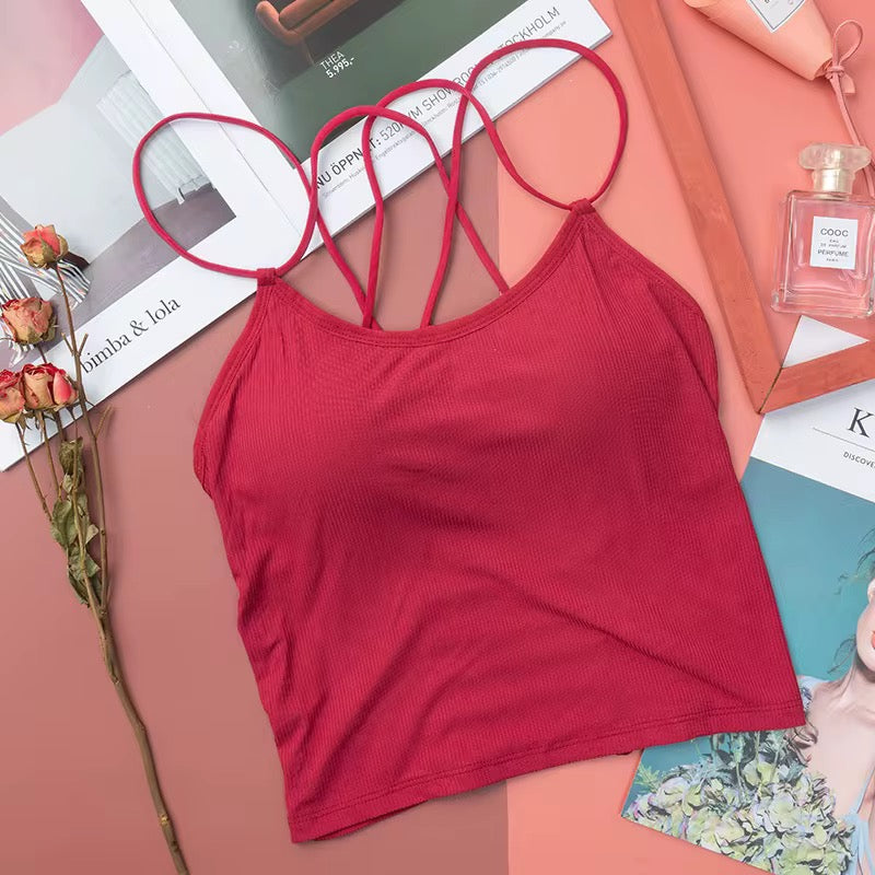 Strappy Back Camisole Crop Top – multi-color padded tank for women. Light, breathable & trendy with built-in cups. Perfect for layering & daily wear.