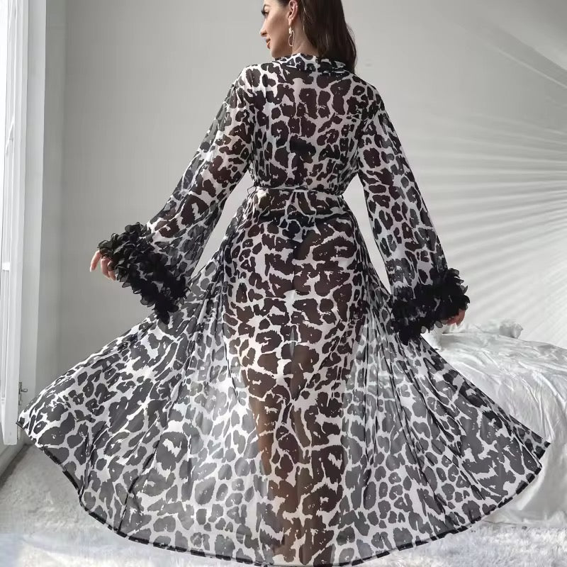 Intimate Sheer Leopard Print Lingerie Robe - Long Sleeves & Flounced Cuffs