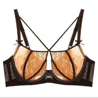 Lace bra with black straps on a white background