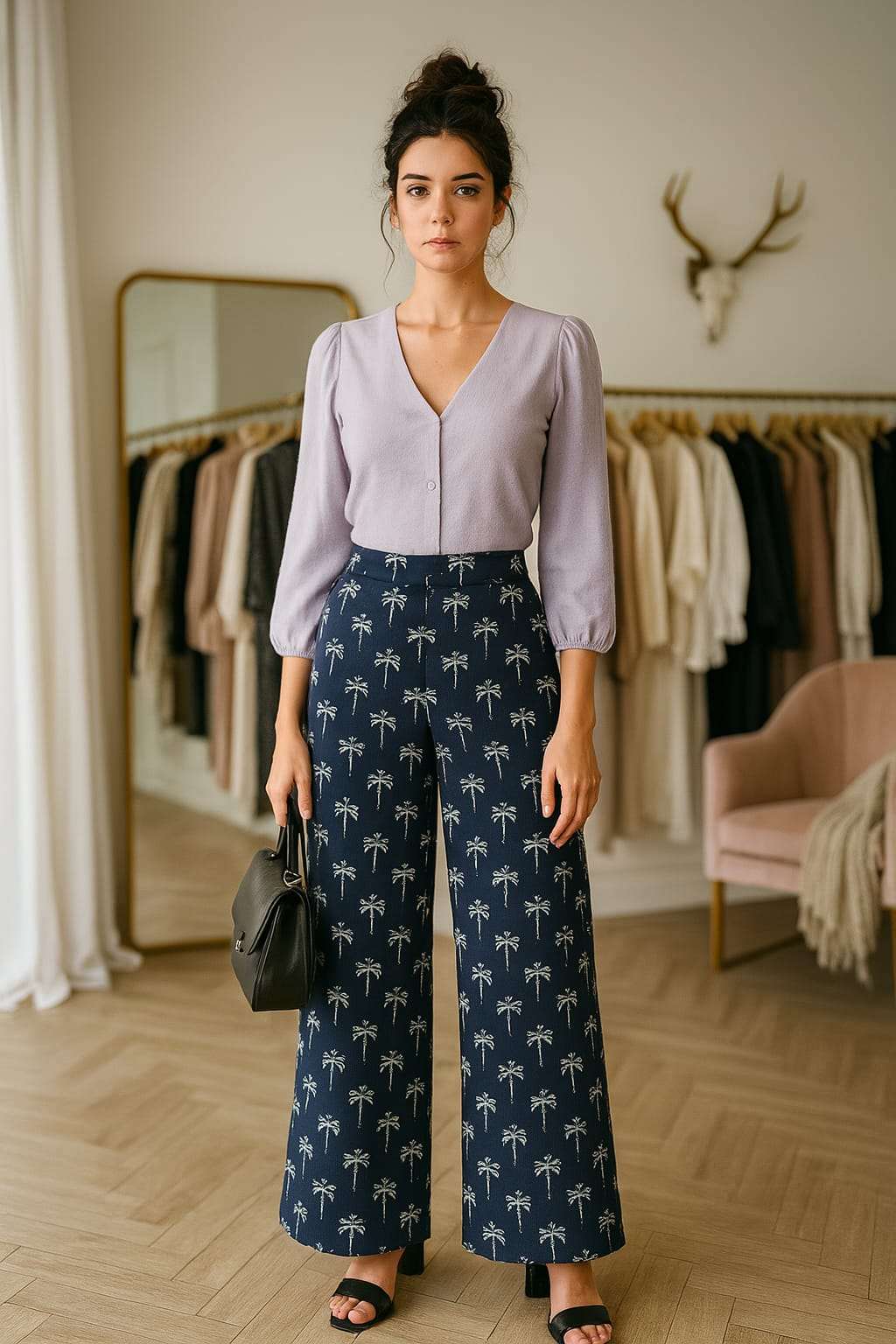 Women’s navy blue wide-leg trousers – high-waist palazzo pants with palm tree print. Trendy, comfy & versatile bottoms for office, casual wear & vacations.