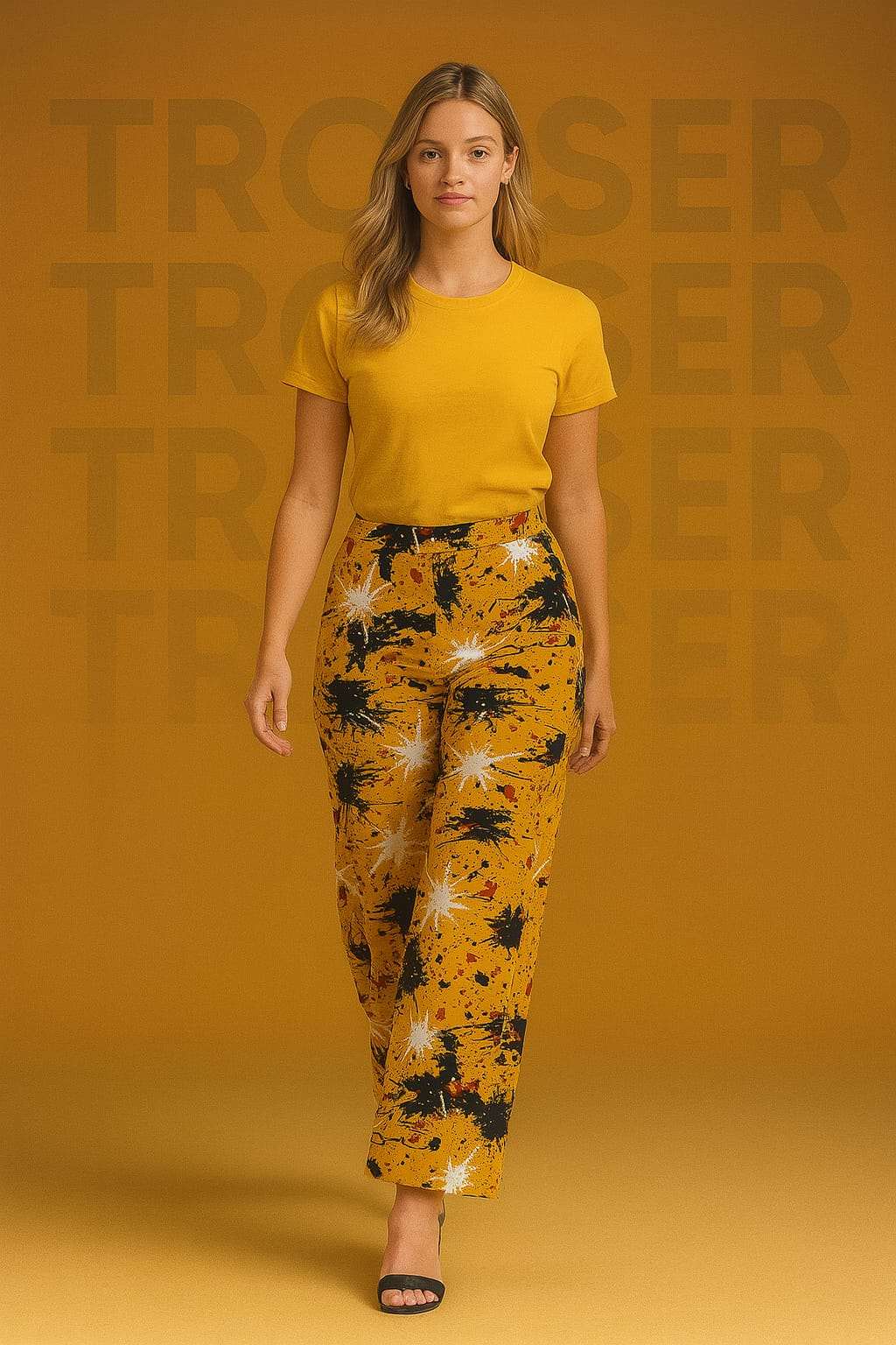 Woman wearing a yellow top and patterned pants on an orange background with 'TROUSER' text.