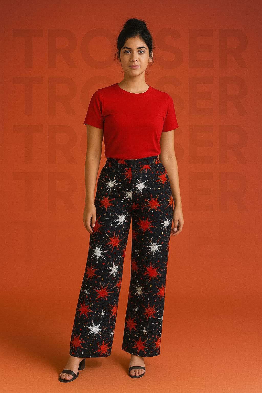 Woman wearing a red shirt and black star-patterned pants on an orange background with 'TROUSER' text.