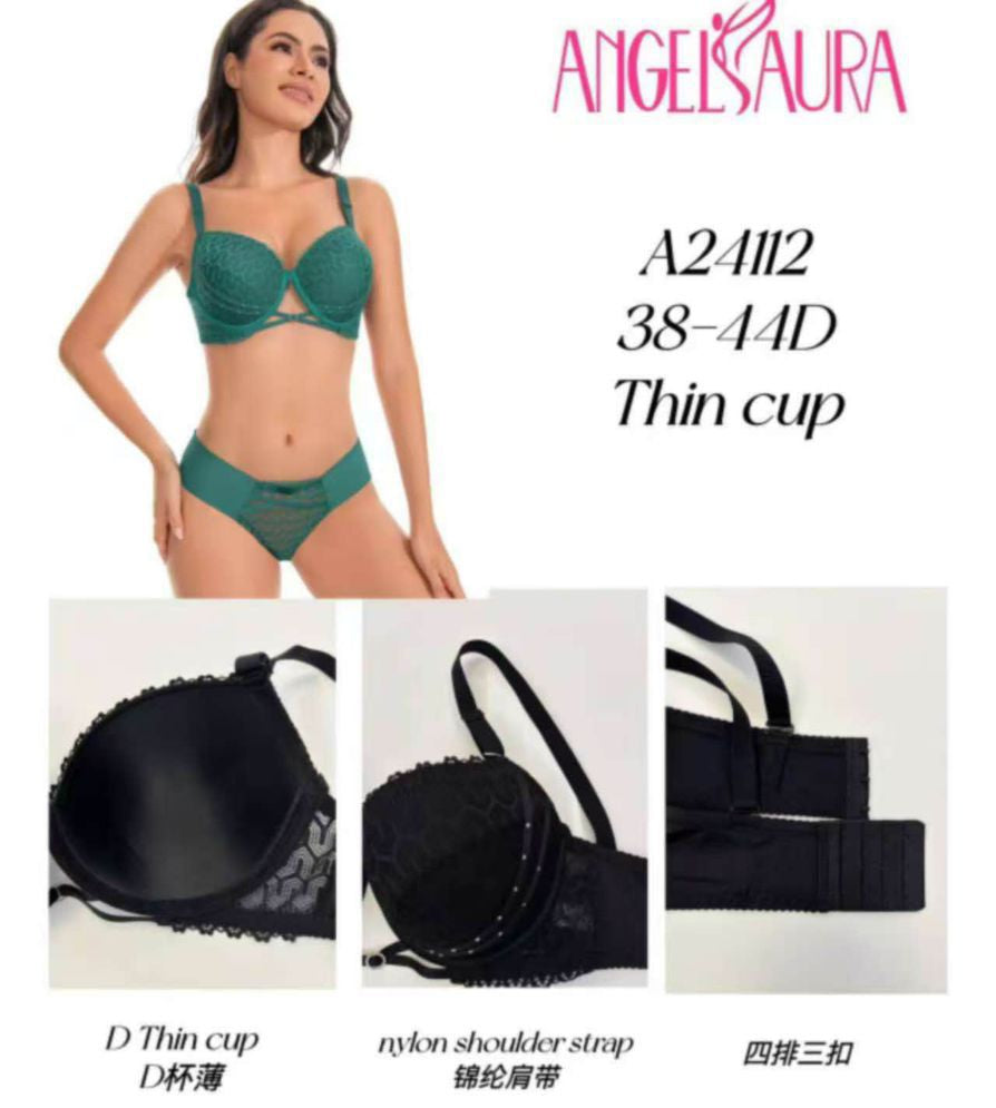 Advertisement for Angelaura lingerie with various bra styles and product details.