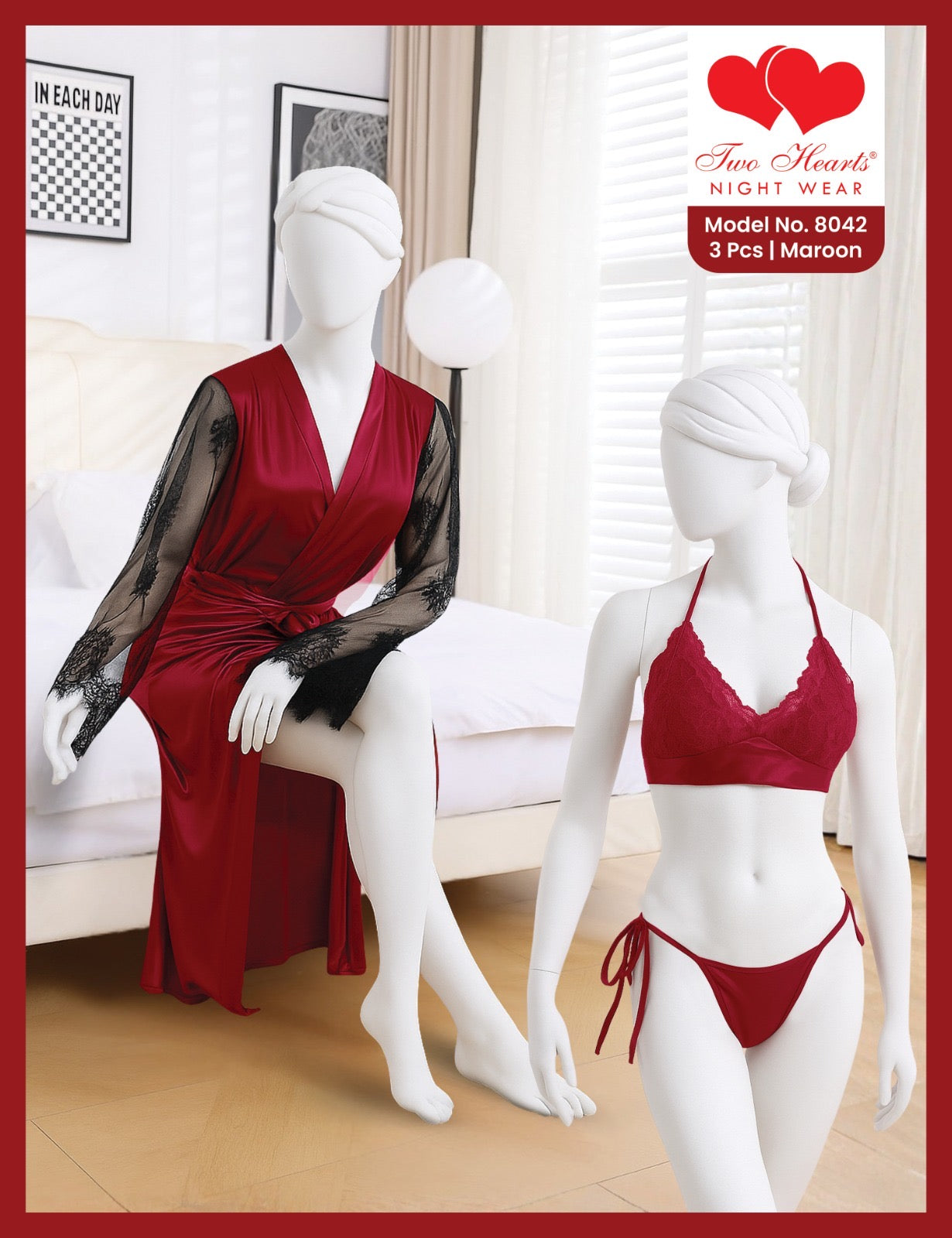 Intimate Sheer Allure: See-Through Gown & Mesh Sleeve Bikini Set maroon