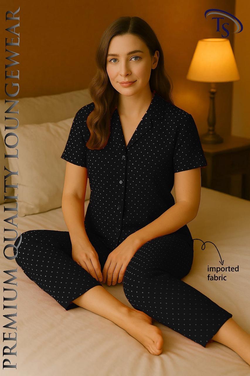 Intimate Polka Night Suit Summer Lawn Fabric black