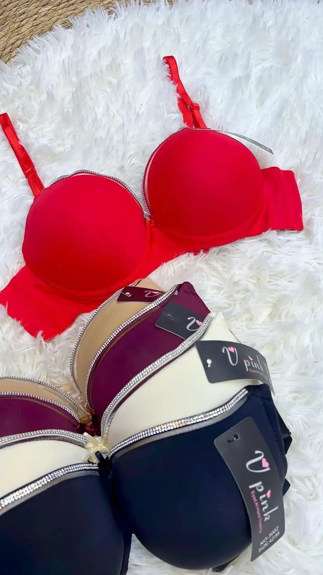 Intimate Double Padded T-Shirt Pushup Bra with Silver Diamond Lining red