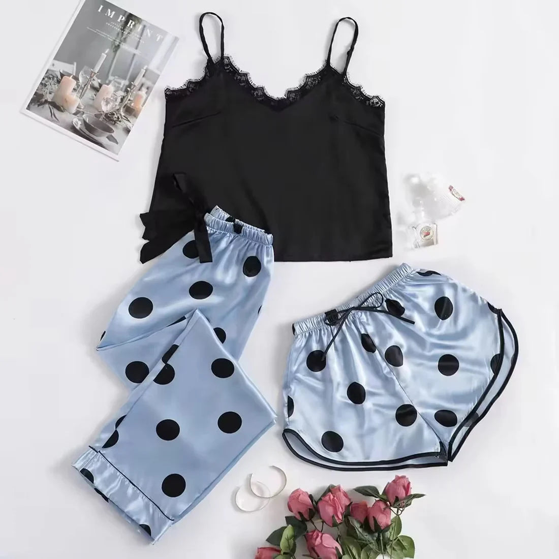 Silk Satin Nighty with Shorts and Pajama Polka Dot 3 Pcs Nighty Intimate Lingerie