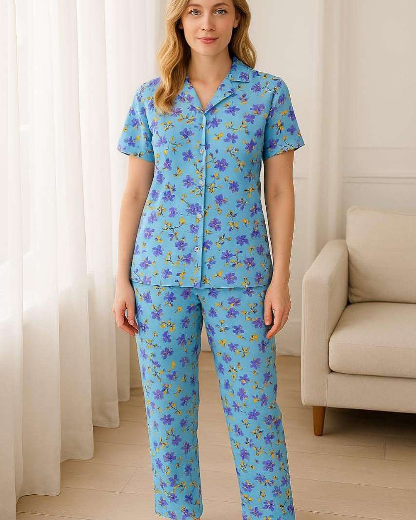 Intimate Cotton Ladies Night Suit with Button Shirt and Trouser blue