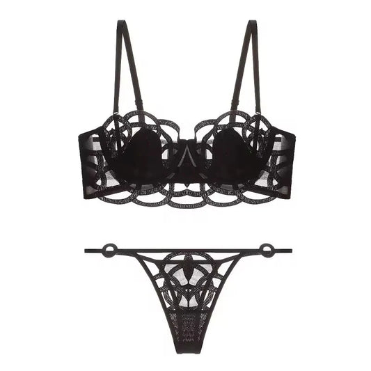 Intimate Transparent Floral Lingerie Set – Black Sheer Bra & Strappy Thong