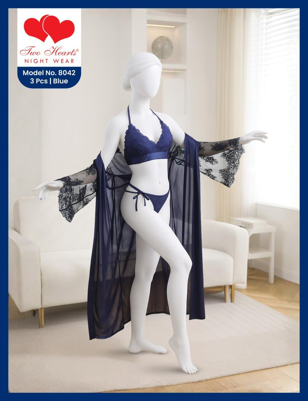  Intimate Sheer Allure: See-Through Gown & Mesh Sleeve Bikini Set blue