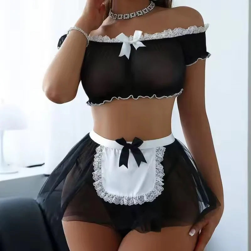 Person wearing a black and white maid outfit with a white background