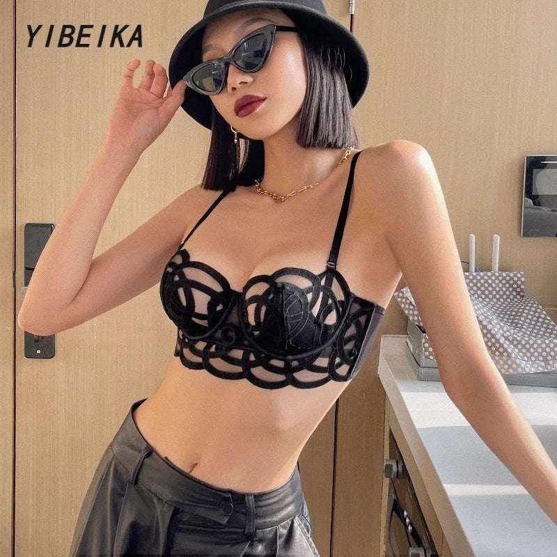 Intimate Transparent Floral Lingerie Set – Black Sheer Bra & Strappy Thong