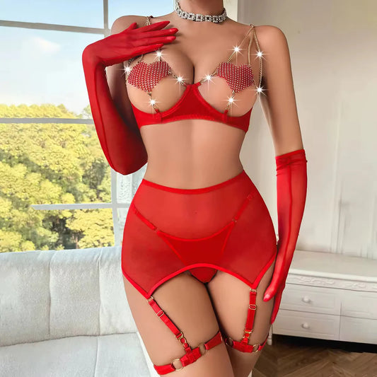 Intimate Luxury Rhine Stone Heart Bra with Garter Lingerie and Sleeve Gloves for Women