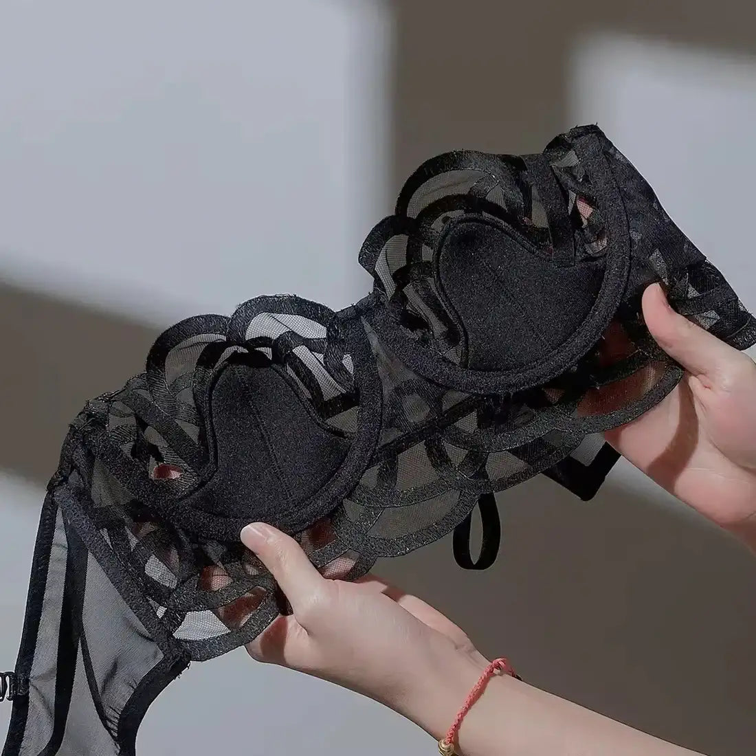 Intimate Transparent Floral Lingerie Set – Black Sheer Bra & Strappy Thong