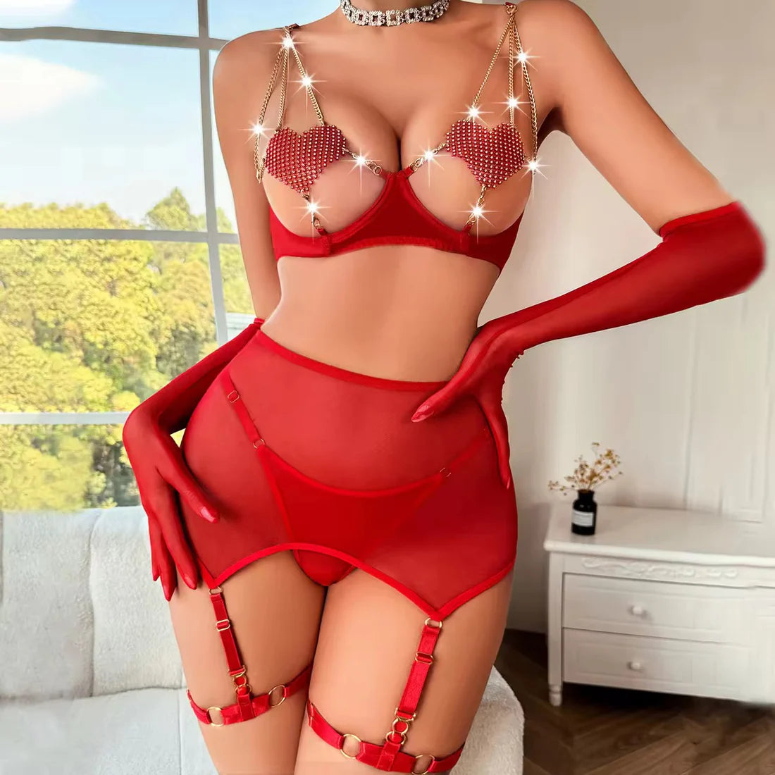 Intimate Luxury Rhine Stone Heart Bra with Garter Lingerie and Sleeve Gloves for Women