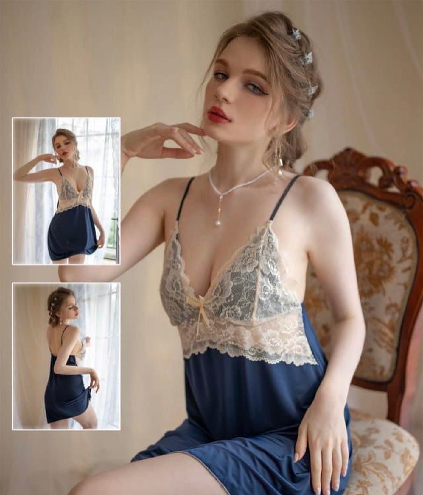 Intimate Lingerie Satin Slip Nighty Floral Net Pattern