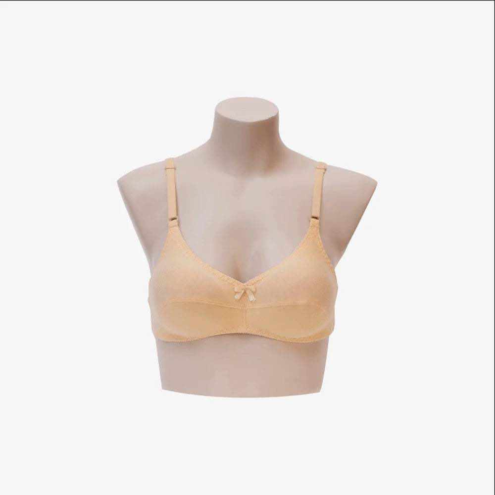 A light peach-beige underwire bra displayed on a beige mannequin torso against a plain white background.