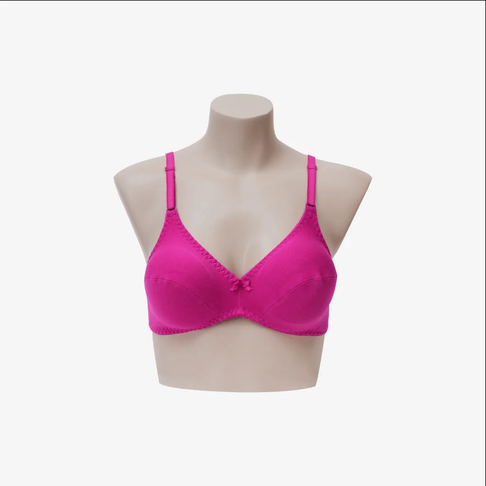A bright pink underwire bra displayed on a beige mannequin torso against a plain white background.