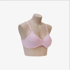A light pink wireless bra displayed on a beige mannequin torso against a plain white background.
